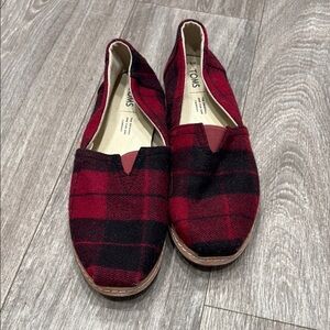 TOMS Red and Black Plaid Slip-On Shoes